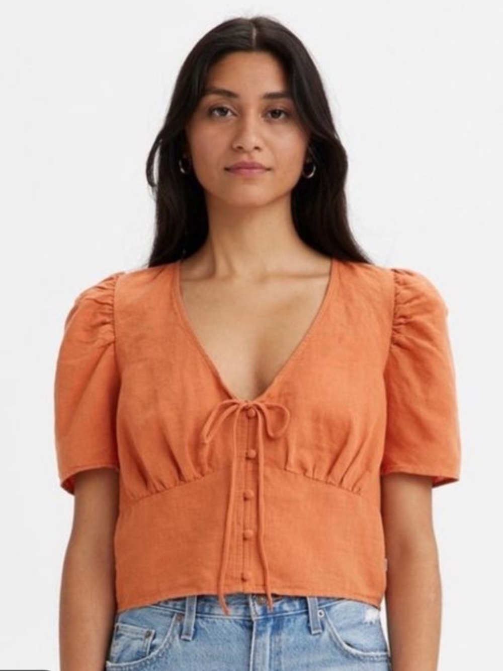 Levi's Luisa Linen Blend Rust Orange Cropped Puff Sleeve Top with Bow Tie Front